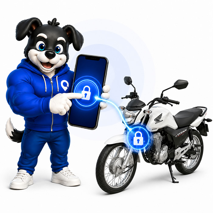 Mascote Rastrefy com app no celular