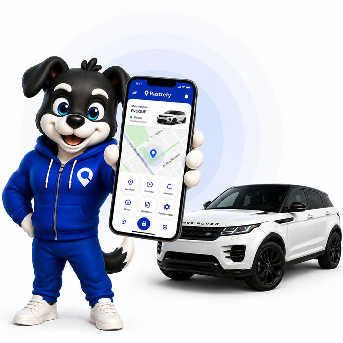 Mascote Rastrefy com app no celular